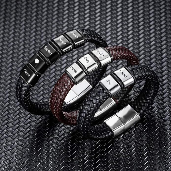 AILIN Custom Beaded Braided Bracelets For Men Leather Stainless Steel Black Brown Color Personalized 1-8 Engraving Name Beads Party Birthday Anniversary Jewelry Father Brother Boyfriends Gifts