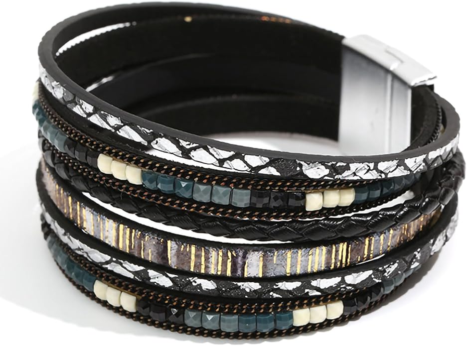 Fesciory Leather Wrap Bracelets for Women, Boho Leopard Multi-Layer Crystal Beads Cuff Bracelet Jewelry