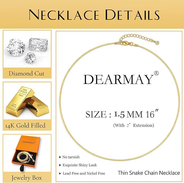 DEARMAY 14K Gold Plated Necklaces for Women, Dainty Gold Herringbone Choker Necklace Thin Layered Snake Chain Jewelry for Gifts