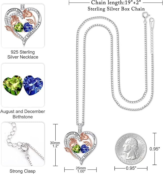Iefil Birthstone Necklace for Women - 925 Sterling Silver Rose Heart Birthstone Necklace Birthday Anniversary Jewelry Gifts for Her Wife Mom Daughter
