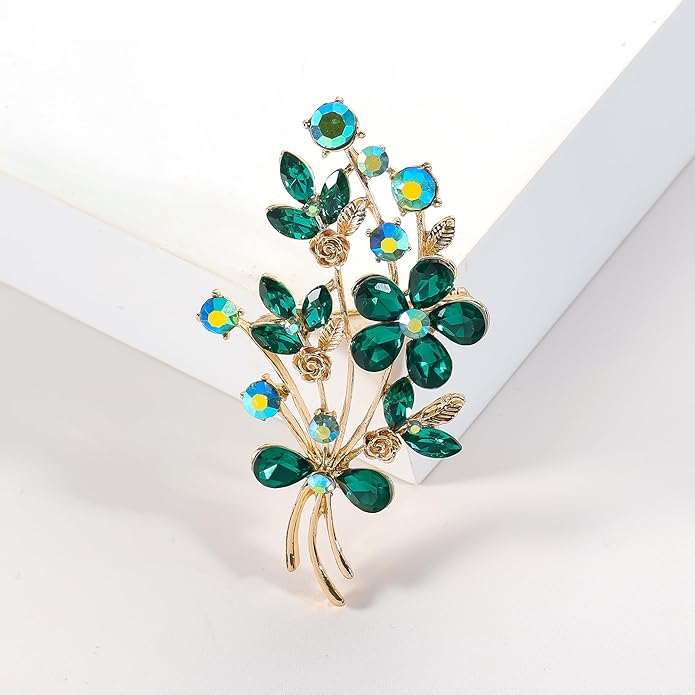 YOQUCOL Red Colour Zircon Crystal Poppy Flower Bouquet Shape Brooch Pins for Woman Gift
