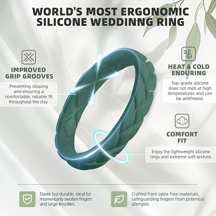 Egnaro Women's Silicone Stackable Rings 3.5mm Wide 2mm Thick, Rubber Flexible Hypoallergenic Wedding Bands For Workout Leaf Braided Fashion