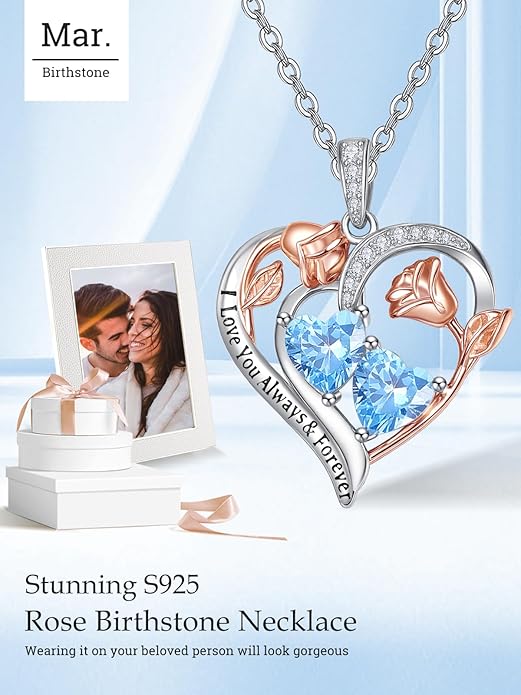 Zeuslia Double Birthstone Necklace Gifts for Wife - 925 Sterling Silver Sunflower/Rose/Crown Cross/Compass/Heart Pendant I Love You Necklace, Anniversary Birthday Gifts for Wife Girlfriend Mom Her