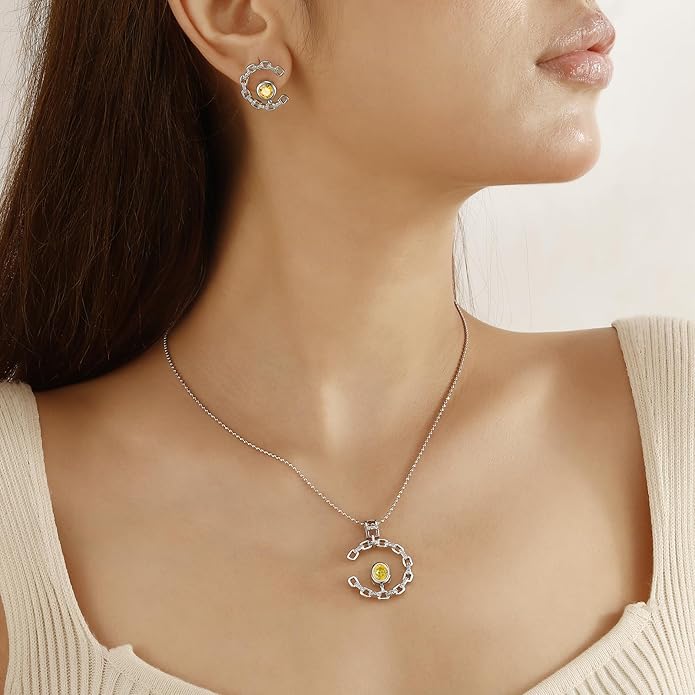 Ydou Elegant C-Shaped Crystal Necklaces/Stud Earrings Set with Birthstone Jewelry Set Silver Plated Fashion Jewelry for Women CS0003