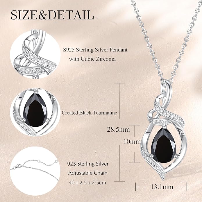FANCIME Teardrop Gemstone Necklace for Women S925 Sterling Silver Elegant Ribbon Pendent Birthday Gifts for Her, 16"+2" Inches
