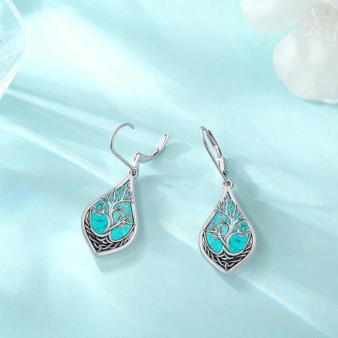 Eusense Sterling Silver Dangle Earrings for Women Tree of Life Animals Moonstone Turquoise Leverback Earrings Jewelry Gifts