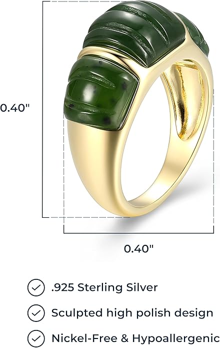 .925 14K Gold Plated Sterling Silver Carved Green Jade Rings for Women - Hypoallergenic Genuine Nephrite Jade Sterling Silver Rings Women, Bold & Sculptural Jewelry Design Size 7