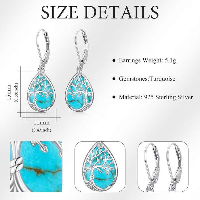 Tree of life Dangle Earrings Sterling Silver Moonstone/Turquoise/Malachite Earrings for Women Filigree Leverback Earrings Jewelry Gifts