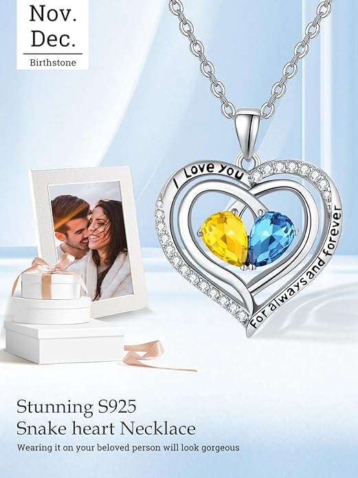 Zeuslia Double Birthstone Necklace Gifts for Wife - 925 Sterling Silver Sunflower/Rose/Crown Cross/Compass/Heart Pendant I Love You Necklace, Anniversary Birthday Gifts for Wife Girlfriend Mom Her
