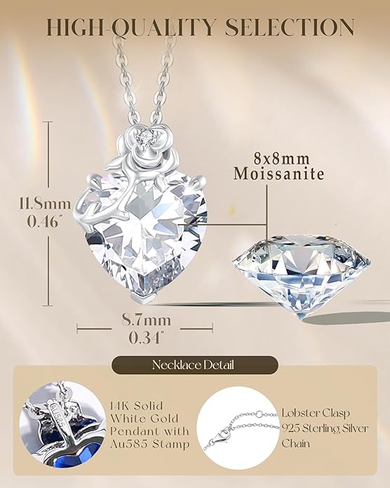 FANCIME 14K Solid White Gold Rose Pendant with Sterling Silver Chain Heart Birthstone Gemstone Fine Jewelry Christmas Gifts for Women Her