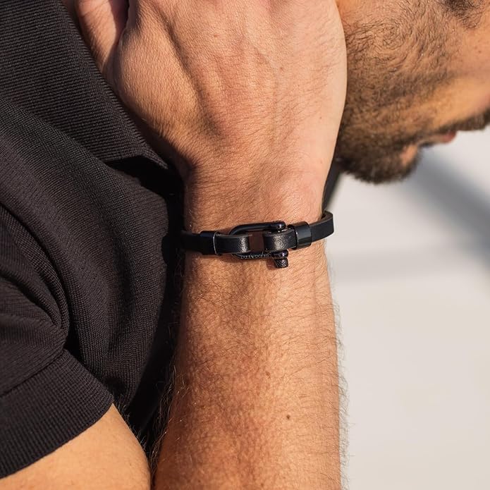 Elegatto Morelle Premium Leather Bracelet for Men | Full-Grain Black Leather with Silver Polished Stainless Steel Shackle Closure | Men’s Designer Jewelry