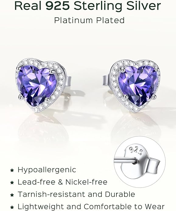 ChicSilver 925 Sterling Silver Birthstone Earrings for Women, 8MM/2 Carat Heart & Round Cubic Zirconia Stud Earrings, Hypoallergenic Jewelry, Ideal Birthday or Christmas Gifts