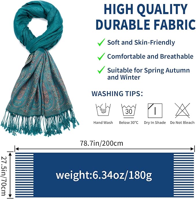 QIUTIMIY Paisley Pashmina Shawl Wrap Women Reversible Vintage Jacquard Pashmina Rave Scarf with Fringe for Evening, Wedding