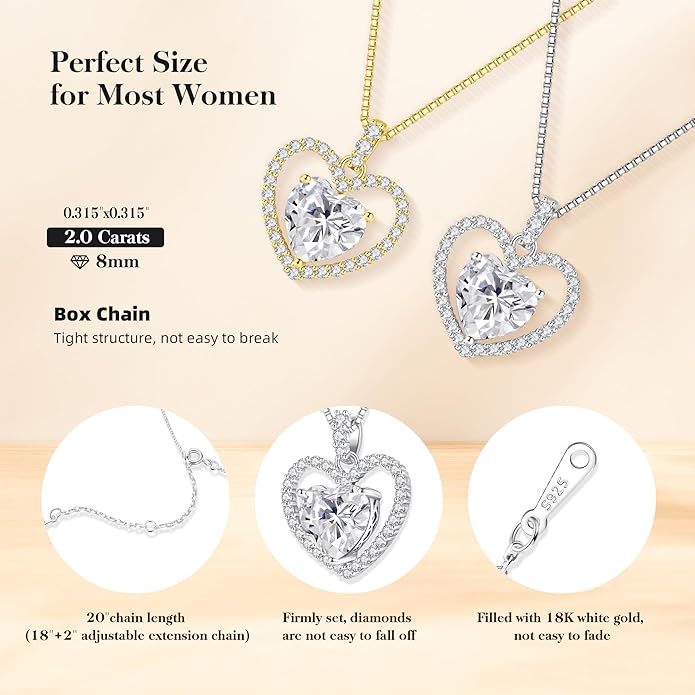 2CT Moissanite Heart Necklace for Women Wife in Gift Box,S925 Sterling Silver Jewelry for Women,Anniversary Birthday Present for Wife Her Girlfriend,18K Gold/White Gold Filled