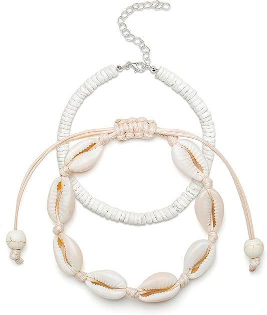 Shell Ankle Bracelet Set for Women, Gold Plated Boho Bead Adjustable Anklet, Hawaiian Beach Seashell Pearl Heart Starfish Conch Foot Jewelry Gifts
