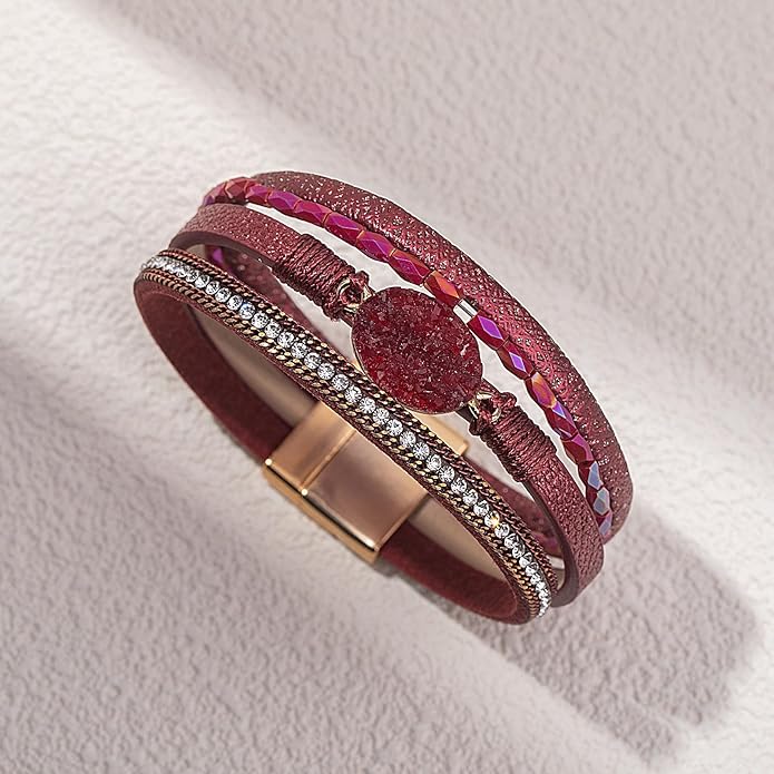 FANCY SHINY Leather Wrap Bracelet Boho Cuff Bangle Bracelets Crystal Bead Bracelet with Magnetic Clasp Jewelry Gifts for Women