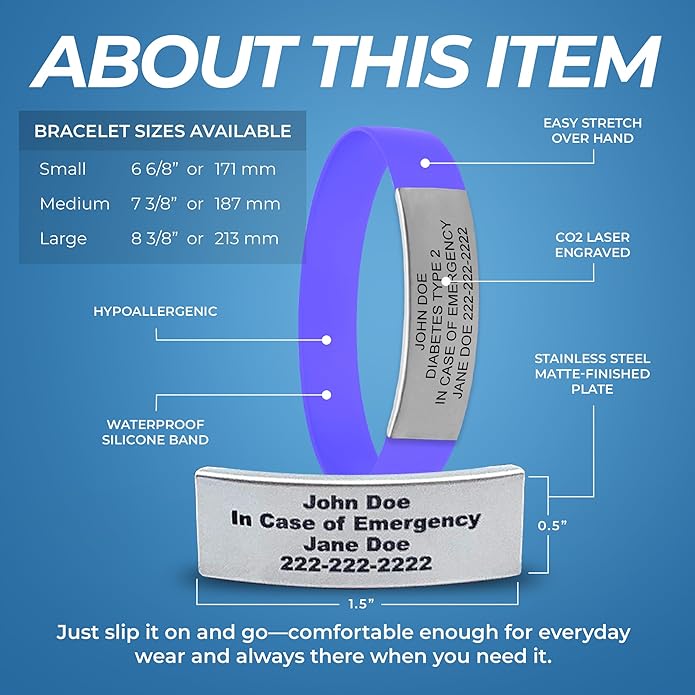 Personalized Medical Alert Bracelet for Men & Women – Custom Engraved Waterproof Silicone Wristband with Stainless Steel ID Plate – Medical ID Bracelet for Allergies, Conditions, ICE Info & Emergency Card