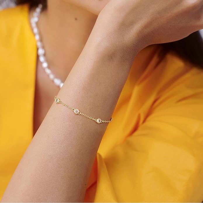 Gold Bracelets for Women,14K Dainty Gold Plated Bracelets Non Tarnish Waterproof Diamond Bracelets Heart Flower Round Square CZ Charm Bracelet Trendy Stuff Jewelry Gifts for Her