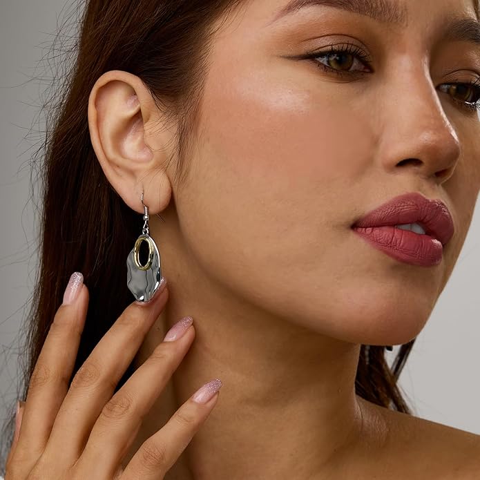 Hefanny Large Hammered Teardrop Dangle Earrings Geometric Chunky Flower Earrings Women's Trendy Statement Jewelry Multiple Styles