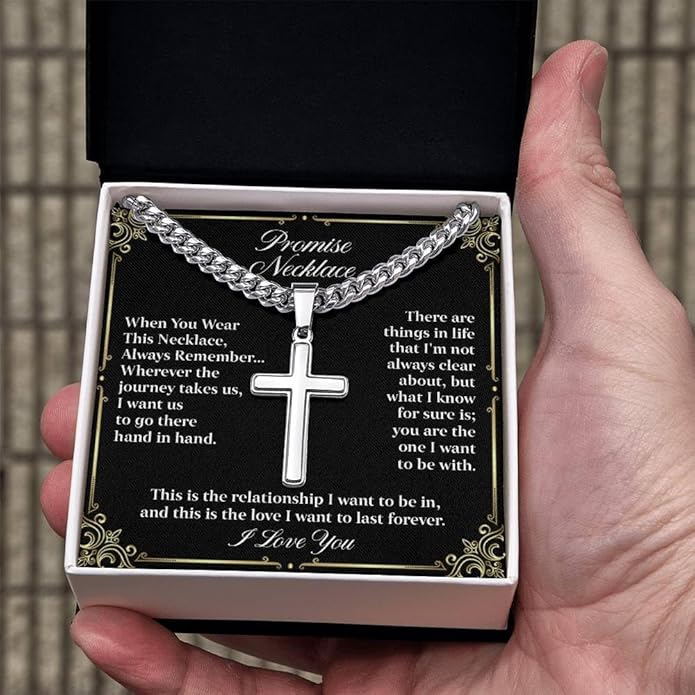 GLAVICY Promise Cross on Cuban Necklace For Him, Sentimental Gift for Husband, Boyfriend, Man with Message Card and Box, Promise Jewelry on Birthday, Valentine Day