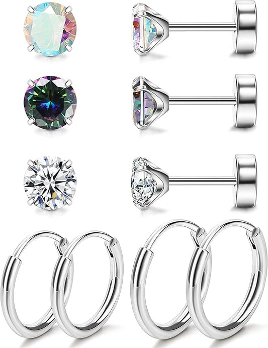 MJust Titanium Earrings for Sensitive Ears 20G Hypoallergenic Stud Hoop Earrings for Women Men Opal Ball CZ Heart Pearl Flat Back Earrings Cartilage Earrings Set