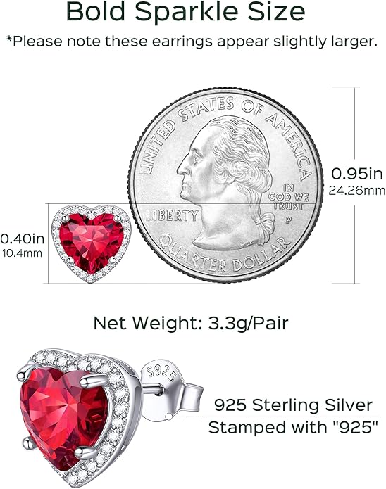 ChicSilver 925 Sterling Silver Birthstone Earrings for Women, 8MM/2 Carat Heart & Round Cubic Zirconia Stud Earrings, Hypoallergenic Jewelry, Ideal Birthday or Christmas Gifts