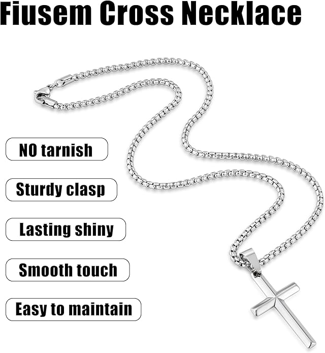 Fiusem Beveled Edge Cross Necklace for Men, Silver Tone/Black/14K Gold Plated Mens Cross Necklace, 2.5MM Stainless Steel Box Chain with Pendant