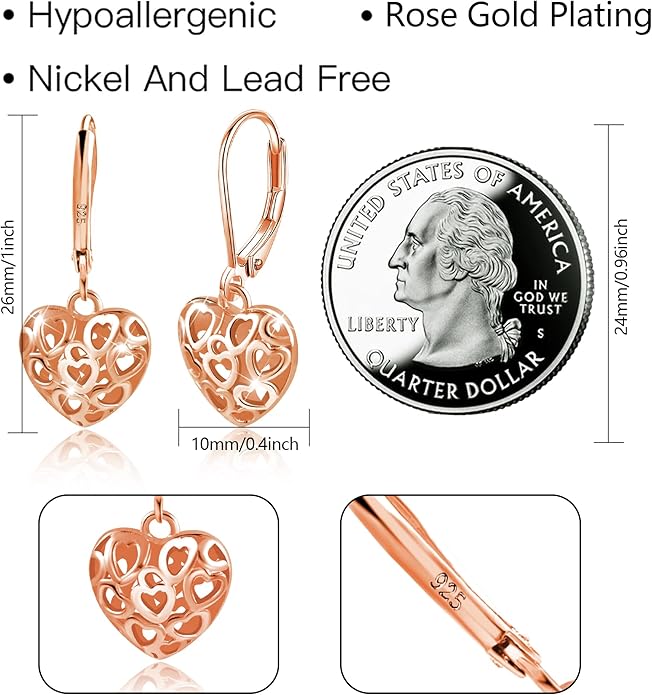 925 Sterling Silver 14K Gold French Style Leverback Earrings, Heart Dangle Drop Earrings for Women Hypoallergenic Jewelry