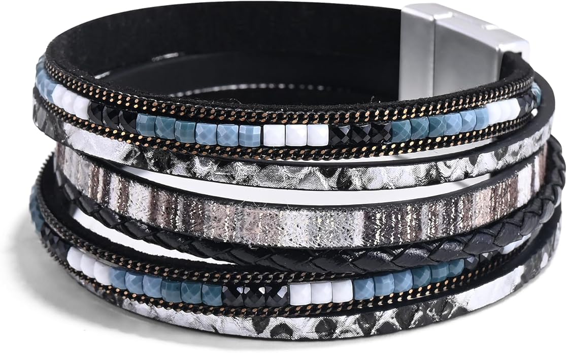 ENGCKSHI Wrapped Bracelets for Women,Leather Bracelet,Boho Bracelets for Women,Multi-Layer Pearl Crystal Bracelet Bangle Jewelry