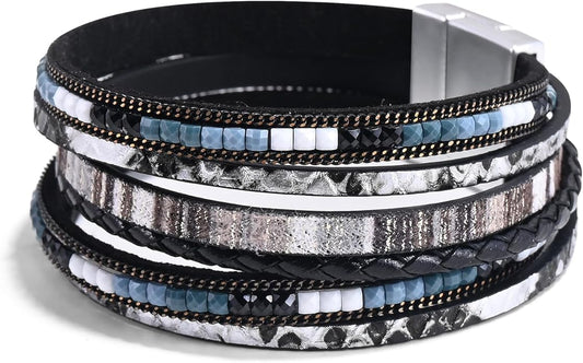 ENGCKSHI Wrapped Bracelets for Women,Leather Bracelet,Boho Bracelets for Women,Multi-Layer Pearl Crystal Bracelet Bangle Jewelry