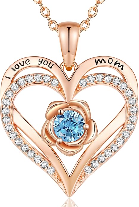 CDE Christmas Gifts for Women S925 Silver Rose Gold Heart Birthstone Necklaces for Women，Ideal Anniversary or Birthday Jewelry Gifts for Wife Girlfriend Her