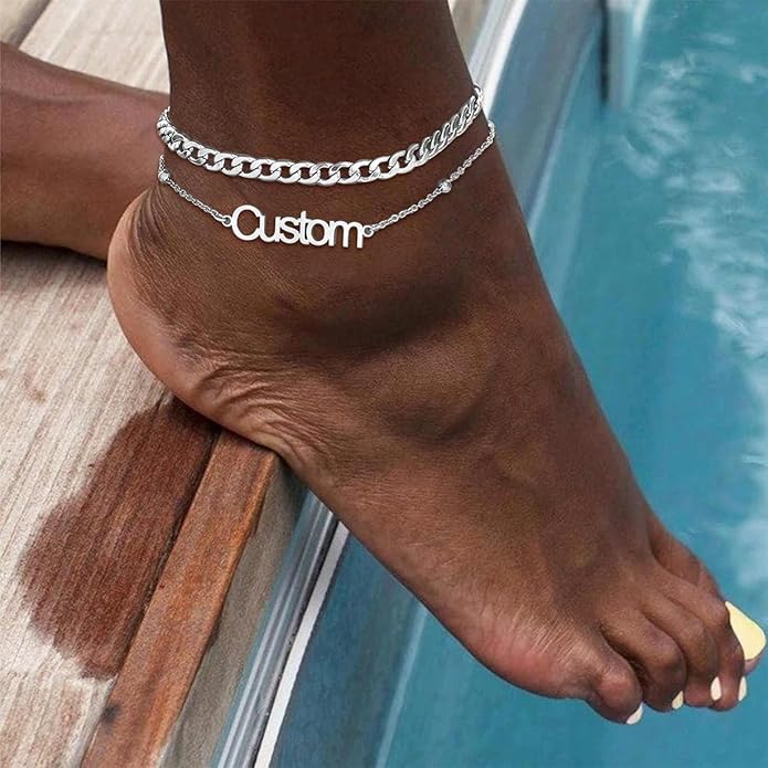 U7 Custom Layered Ankle Bracelets for Women Stainless Steel Bead/Cuban/Figaro/Rope/Wheat Chain Anklet Waterproof Anklet Jewelry for Beach Vacation