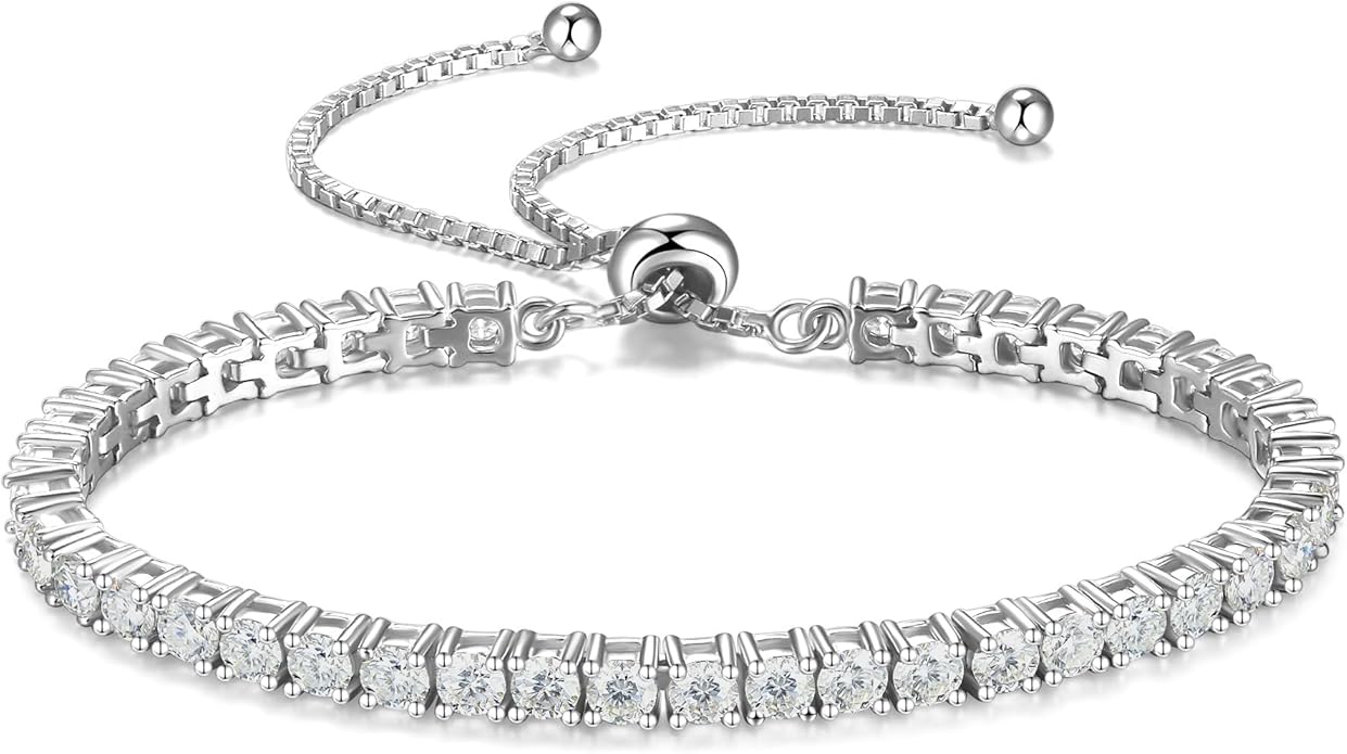 1.2-12 CTTW Moissanite Tennis Bracelet for Women, Adjustable 2-5mm D Color VVS1 Round Cut Moissanite Bolo Bracelet, 18K Gold Plated 925 Sterling Silver Simulated Diamond Bracelet Gifts for Women Her