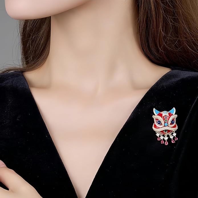 Chinese Lion Dance Brooch, Vintage Enamel Floral & Cat Eye Pearl Adjustable Lapel Pin for Women & Men – Traditional Asian Style Awakening Lion Brooch for Jacket, Blazer, Scarf, Qipao, Wedding, Festival Gift (Gold/Red/Blue)