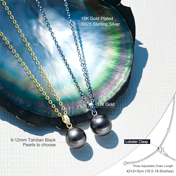 Genuine Tahitian Black Pearl Necklace for Women, 9-12mm AAAAA Handpicked Natural Black Pearl Pendant with 18K White Gold Plated Sterling Silver Chain, Luxury Jewelry Birthday Gifts for Wife, Women, Mother, Girlfriend, Anniversary, Valentines, Mothers Day