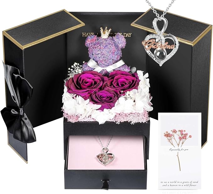 ADDWel Great Gifts for Grandma, Preserved Real Roses with I Love You 100 Languags Grandma Necklace, Cute Bear and Meaningful Eternal Roses for Grandmother Nana Birthday