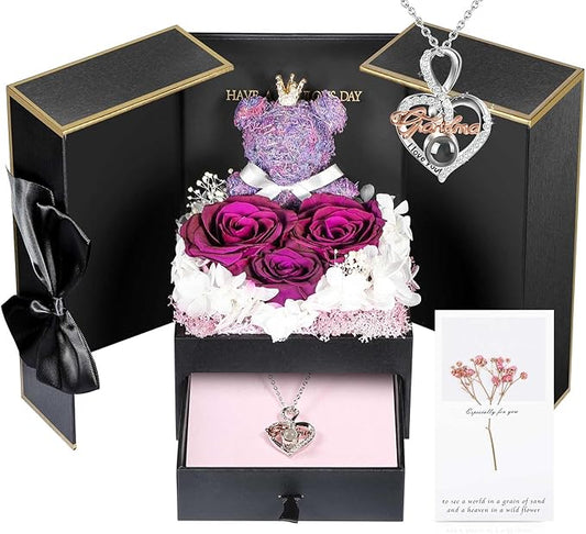 ADDWel Great Gifts for Grandma, Preserved Real Roses with I Love You 100 Languags Grandma Necklace, Cute Bear and Meaningful Eternal Roses for Grandmother Nana Birthday