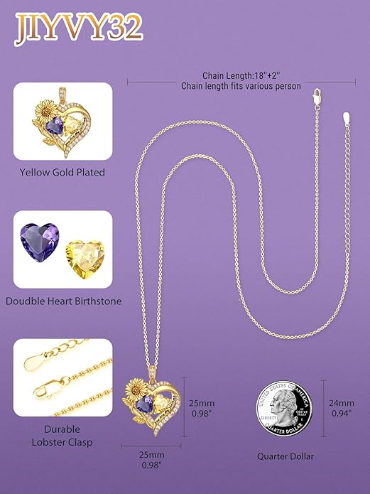 Sunflower Heart Necklace for Women 14K Gold Exquisite Anniversary Birthday Gifts for Wife Mother Her Double Birthstone Pendant jewelry‘You Are My Sunshine’