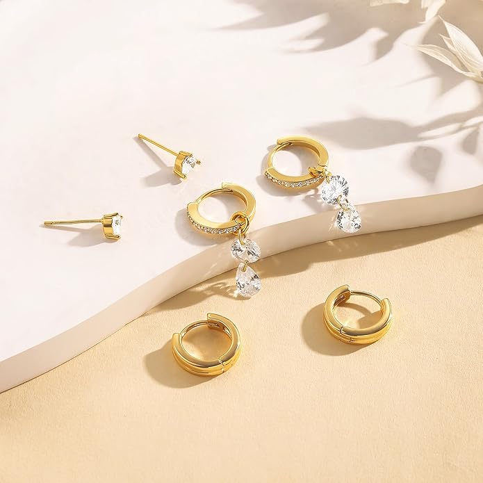 3 Pairs Earrings Set for Multiple Piercings, Gold Plated Studs Hoop Earrings Stack, CZ Dangle Earrings Set, Hypoallergenic for Sensitive Ears, Women's Gift