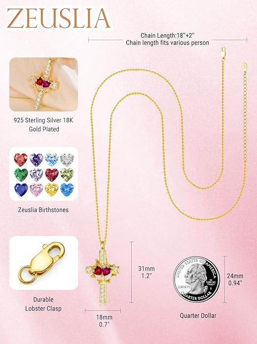 Zeuslia Double Birthstone Necklace Gifts for Wife - 925 Sterling Silver Sunflower/Rose/Crown Cross/Compass/Heart Pendant I Love You Necklace, Anniversary Birthday Gifts for Wife Girlfriend Mom Her