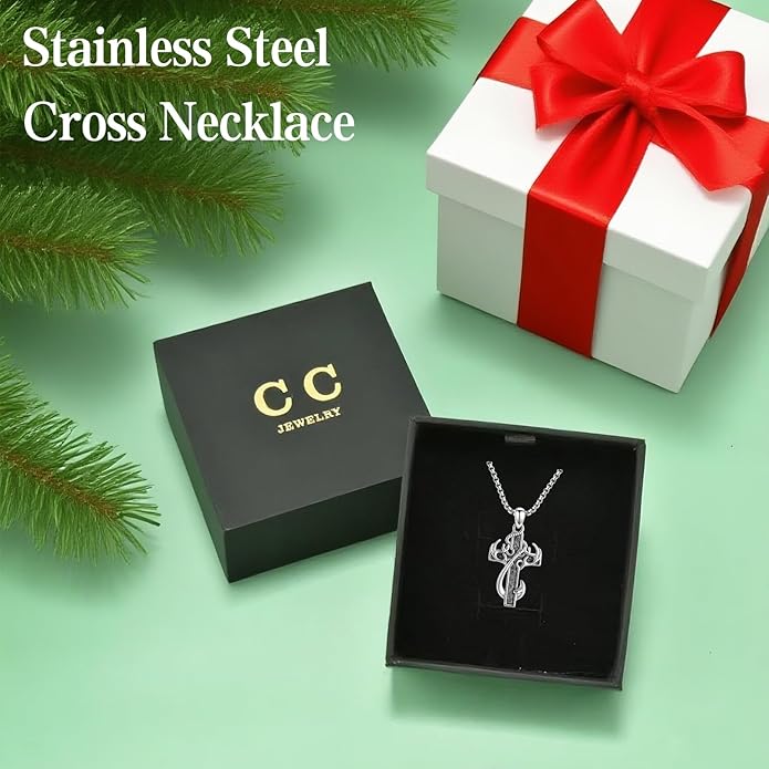 CCmfgjew Christmas Gifts Cross Necklace for Men Stainless Steel Fish Hook Pendant Antler Necklace Hunting Jewelry Gifts for Father Husband Brother 22+2”
