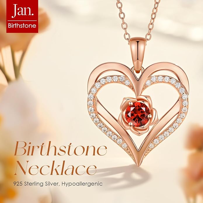 CDE Christmas Gifts for Women S925 Silver Rose Gold Heart Birthstone Necklaces for Women，Ideal Anniversary or Birthday Jewelry Gifts for Wife Girlfriend Her