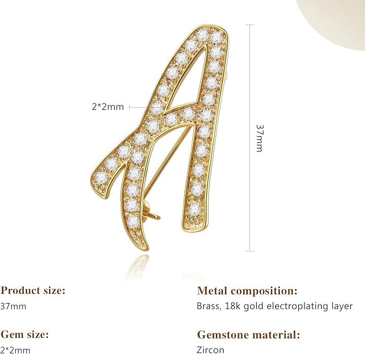 Cicy Bell A-Z Initial 26 Letter Brooch Pins 18k Gold Plated Cubic Zirconia Breastpin Name Personalized Gifts for Women Men