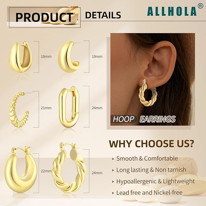 6 Pairs 14K Gold Plated Hoop Earrings for Women Trendy Chunky Lightweight Hoop Earrings Multipack Hypoallergenic, Thick Twisted Huggie Hoops Earring Set Jewelry for Gifts
