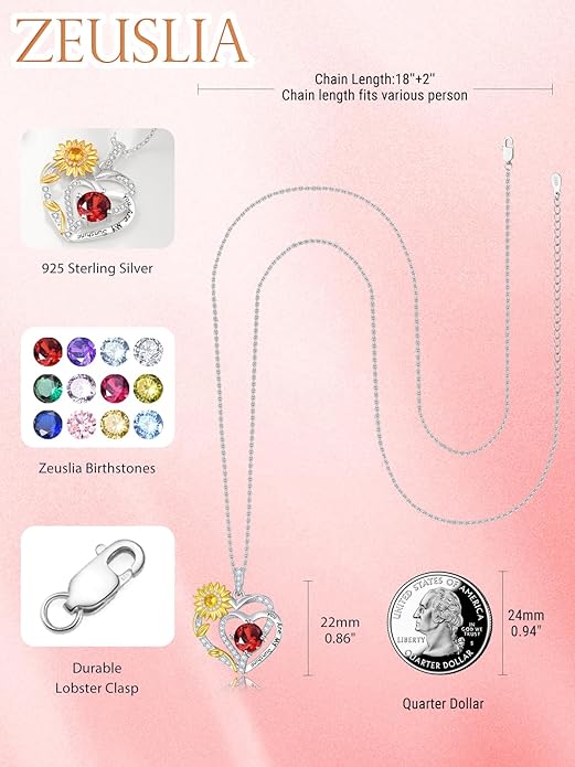 Zeuslia Double Birthstone Necklace Gifts for Wife - 925 Sterling Silver Sunflower/Rose/Crown Cross/Compass/Heart Pendant I Love You Necklace, Anniversary Birthday Gifts for Wife Girlfriend Mom Her