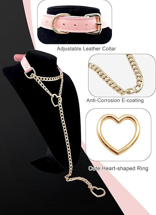 Black Leather Choker Collar For Women, Handmade Heart Slip Chain Choker Long Necklace with Adjustable Buckle
