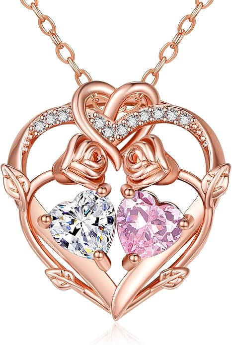 Rose Gold Necklaces for Women Double Birthstone Rose Flower Heart Pendant Necklace Jewelry Anniversary Christmas Valentine's Mother's Day Birthday Gift for Wife Mom Her Girlfriend Sister