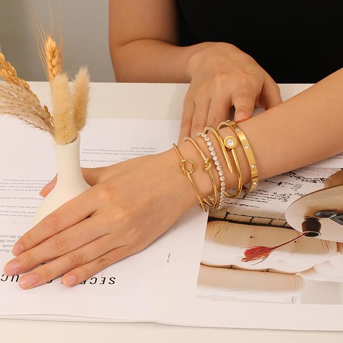 FAFUGA 18 K Gold Plated Love Bangle Bracelet Stack Cuff Jewelry for Women Jewelry Set for Women Gift with Box