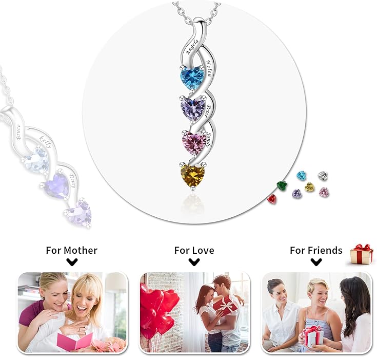 MissNaNa Sterling Silver Personalized Mothers Necklace with Simulated Birthstones Engraved 1-6 Children Names Custom Love Heart Pendant Family Necklace for Women Mother's Day Birthday