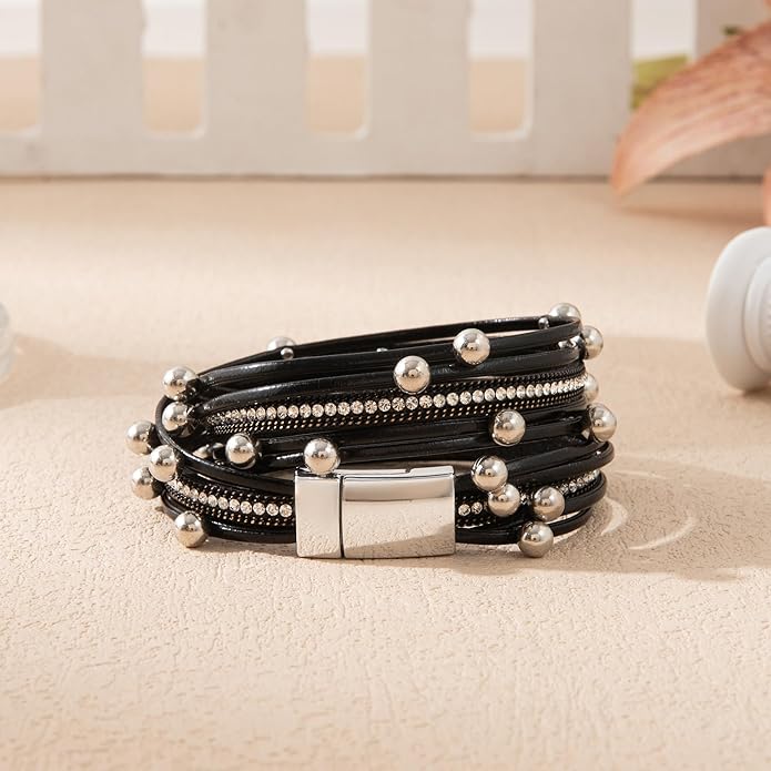 Rantanto Braid Leather Wrap Bracelet Trendy Stackable Crystal Cuff Boho Gold Heart Bracelet Jewelry Gift For Women
